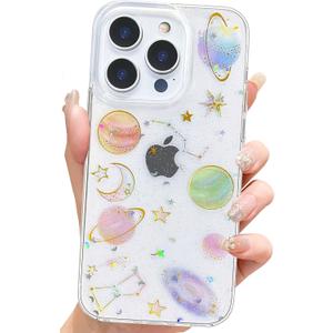 Abbery for iPhone 16 Pro Cases Cute Clear Glitter Space Planet Design Bling Sparkle Stars Moon Kawaii Durable Soft Shockproof Protective Transparent Phone Cover for Women Girls Men
