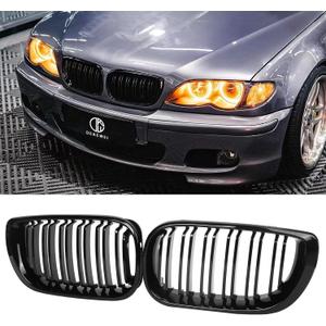 E46 Grille, Front Kidney Grill Compatible with BMW 3 Series 2002-2005 E46 4-Door 320i 325i 325xi 330i 330xi Double Slats Gloss Black Grill