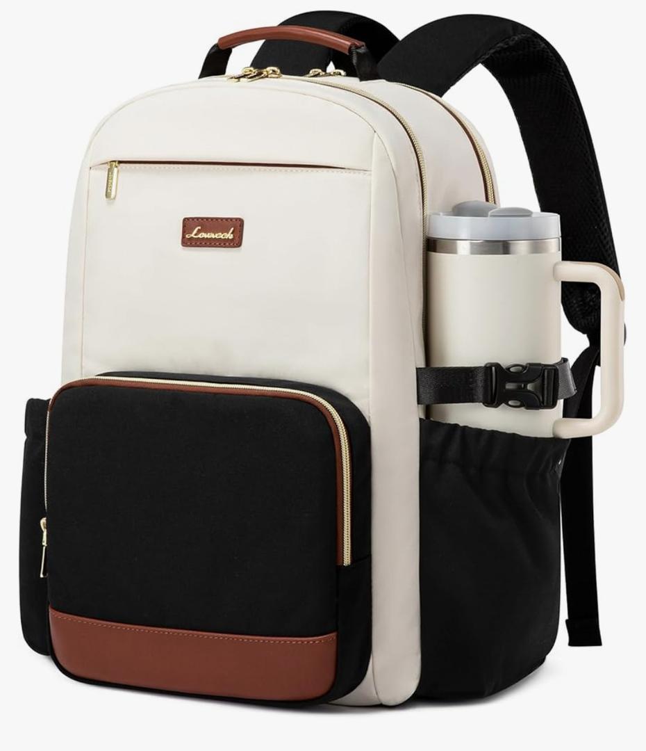 LOVEVOOK Laptop Backpack for Women with Pouch Pocket for Large Capacity Cup,15.6 Inch Laptop Computer Bag Travel Backpack Purse,Waterproof Work Business Backpack College Teacher Bags,Beige-Black-Brown