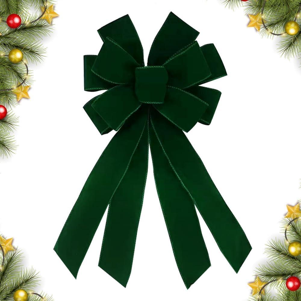 Christmas Wreath Bow 20 x 11 Inches Large Christmas Bows Green Velvet Bow Winter Farmhouse Bow Xmas Tree Topper Ornament Bow for Home Front Door Decorations