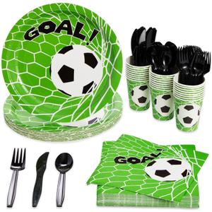 Juvale 144-Piece Soccer Themed Birthday Party Supplies, Bundle Includes Paper Plates, Napkins, Cups, and Plastic Cutlery for Sports Themed Party Decorations (Serves 24)