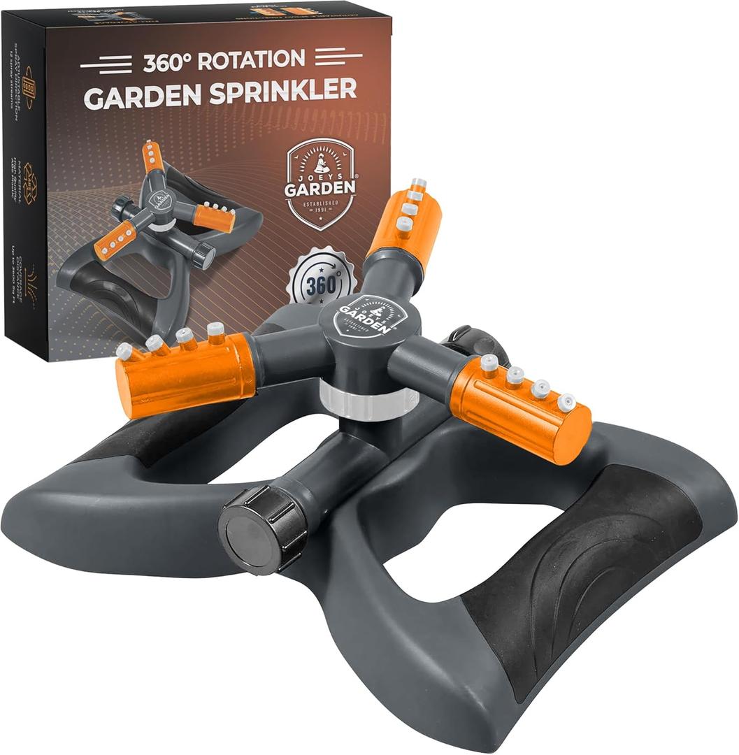 Joeys Sprinkler for Yard, Rotating Garden Sprinkler for Large Area Coverage, Lawn and Yard Sprinklers (Orange) (Gray)