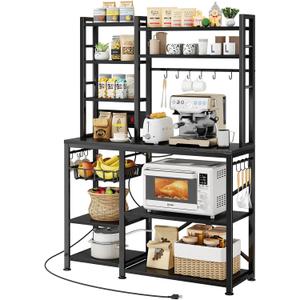 Baker Rack with Power Outlet - Microwave Stand with Storage, Large Coffee Bar Station with 14 Hooks, Metal Kitchen Shelf Rack for Spices, Pots (Rustic Black)