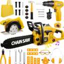 Vextronic Kids Tool Set 37 PCS with Electric Toy Chainsaw Drill Circular Saw with Realistic Sounds, Toy Tool Set for Toddlers 3 4 5 6 7 8, Pretend Play Kids Power Tools Kit Gift for Boys Girls Yellow