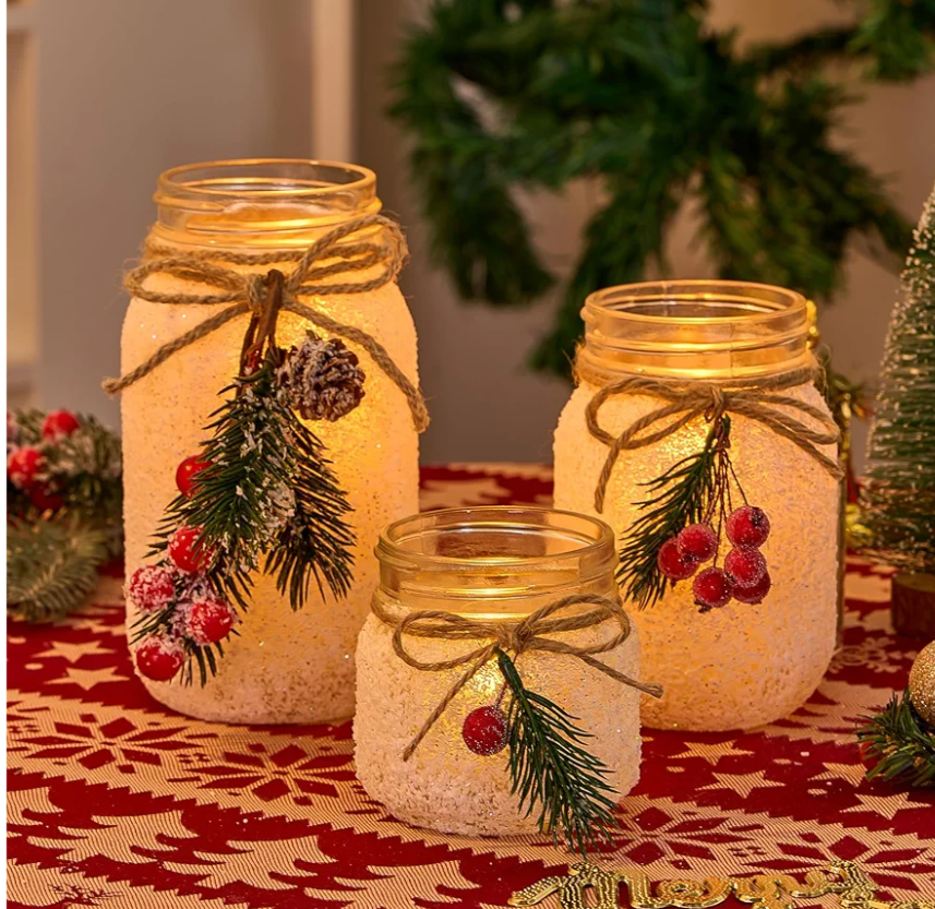KIVIVO Christmas Centerpieces for Tables, Table Decor with Mason Jar, 16 Pcs Flowers, Christmas Winter Table Decorations Centerpieces, Xmas Holiday Center pieces for Tables, Kitchen, Room, Decor