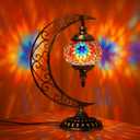 Hortsun Turkish Lamp Moon Shaped Moroccan Lamp Turkish Mosaic Stained Glass Table Light with Bronze Base Colorful Moroccan Globe Light for Decorative Home Designs