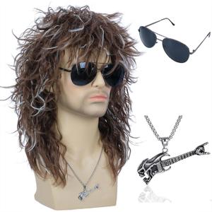 morvally Men’s Women 80s Rocker Mullet Wig with Glasses and Necklace Long Brown Curly Glam Rock-Rockstar Wig for Halloween Cosplay Costume Party (Brown highlights Silver)