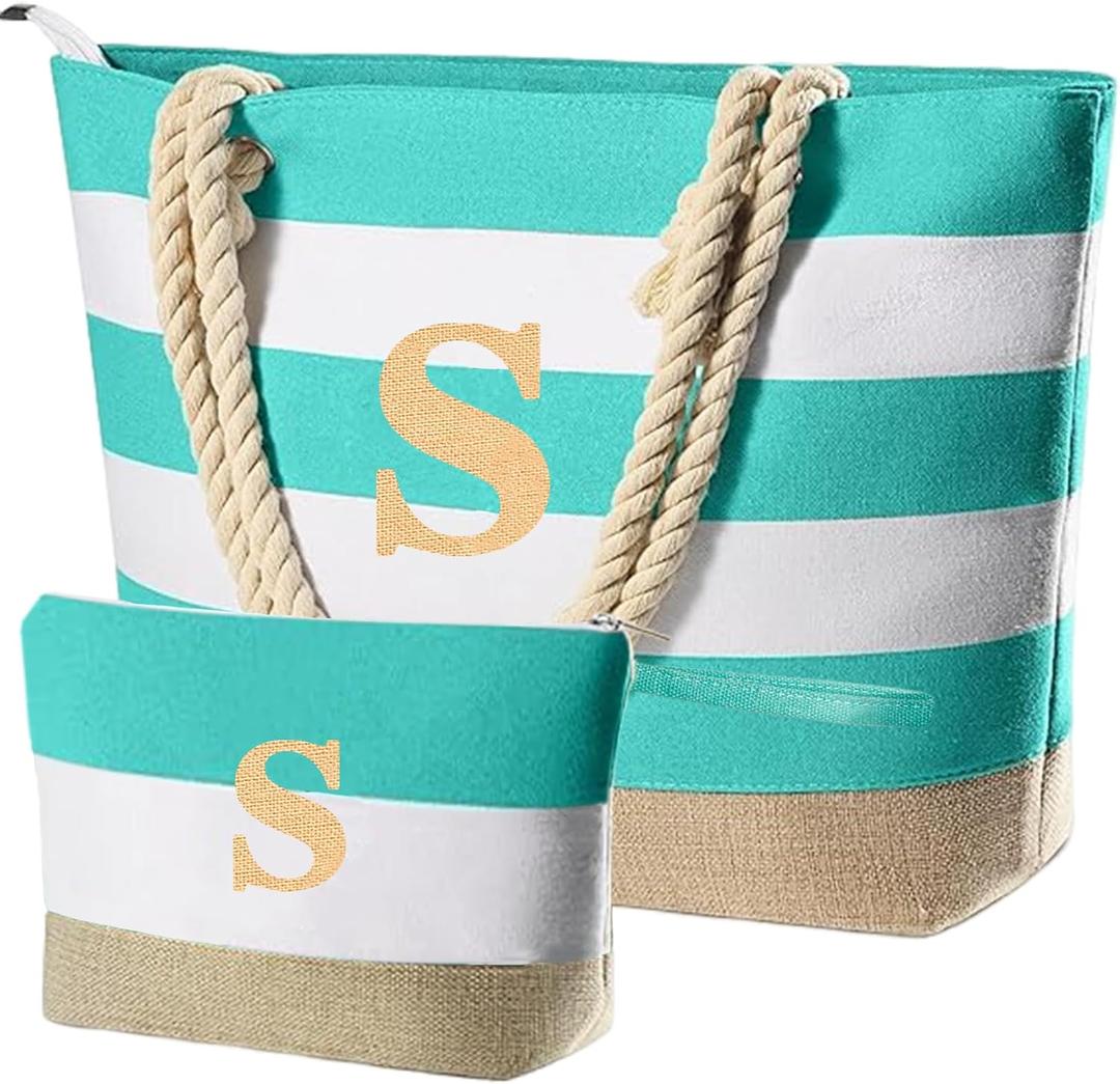 Extra Pool Beach Monogrammed Tote Bag with Zipper, Initial Birthday Travel Christmas Personalized Gifts for Women
 (S)