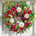 Pinkpuii Spring Wreaths for Front Door Outside 24 Inch Spring Summer Wreath with Vibrant Pink Peony,Tulip & White Rose Flowers and Hello Wooden Sign,Ideal for Farnhouse Porch,Wall,Window Dcor