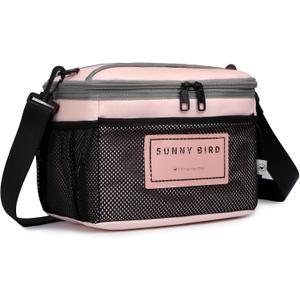 SUNNY BIRD Insulated Lunch Bag with Foldable and Leakproof Design, Thermally Insulated, Shoulder Strap for Women, Men and Teen (Pink 002)