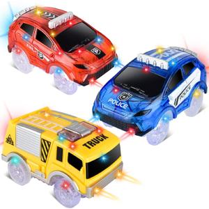 Track Cars Only Replacement Light Up Toy Cars with 5 Flashing LED Lights for Tracks Glow in the Dark, Flex Race Car Track Accessories Compatible with Most Car Tracks for Kids (3 Pack) with Screwdriver (Yellow)