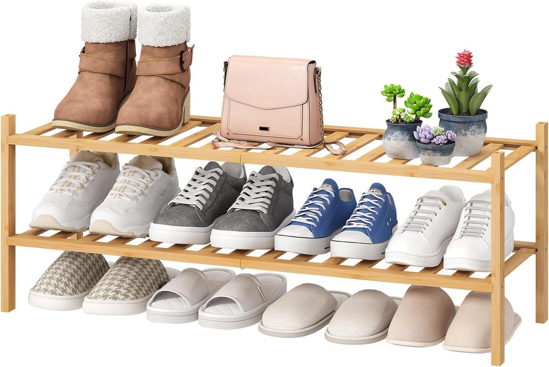 viewcare 2-Tier Long Shoe Rack for Entryway, Natural Bamboo Wood Shoe Rack for Closet & Hallway, Long 33IN | Beautiful | Functional | Sturdy | Durable