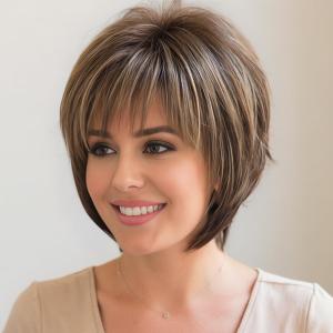 SEVENCOLORS Short Hair Wigs with Bangs Dark Brown Mixed Blonde Pixie Cut Wig for Women Straight Synthetic Fiber Wigs