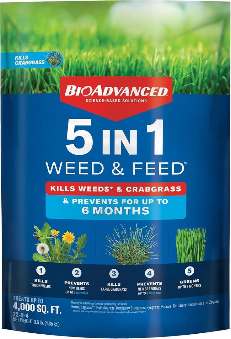 BioAdvanced 5-in-1 Weed and Feed Granules - Kills Lawn Weeds & Crabgrass - Feeds, Greens & Strengthens Lawn - Treats Up to 4,000 Square Feet - 9.6 lb Bag 