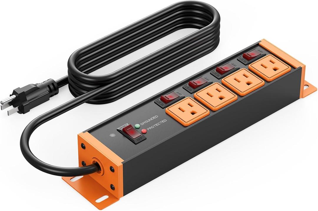 CCCEI Heavy Duty Surge Protector, 20A Individual Switches, Orange, 25FT, 1 | 12 Gauge Grounded Extension Cord with Multiple Outlets, Wall Mount Power Strip for Garage, Plug Extender.
