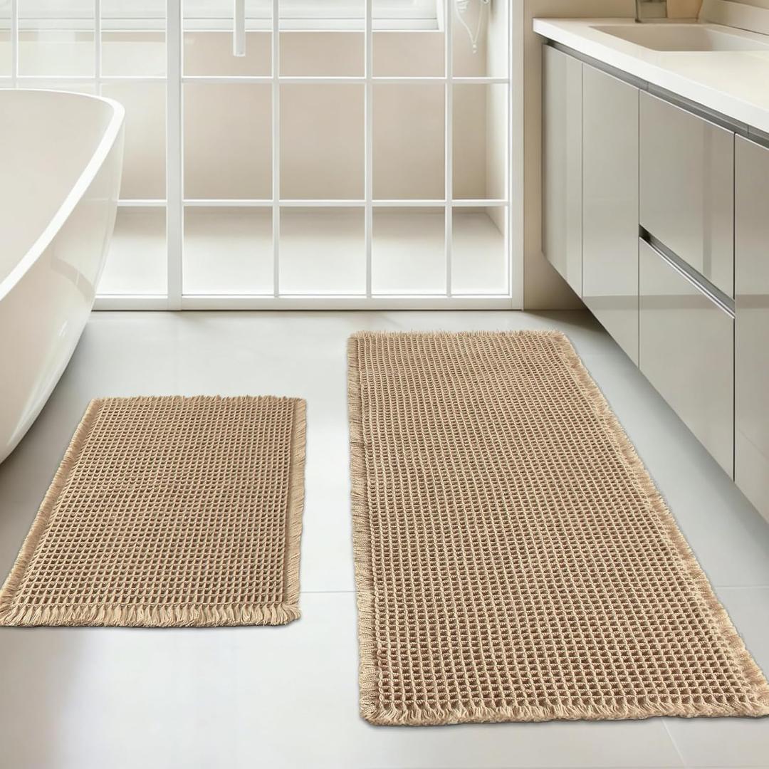 Waffle Bath Mat Set of 2, Non Slip Waffle Rugs for Bathroom, Super Absorbent & Quick Dry Soft Shower Mat for Bathroom & Kitchen Floor, Machine Washable Bath Rugs (Brown) (20"48" Plus 17"24")