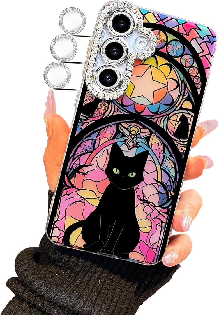 Compact Case for Samsung Galaxy S24 & S25 Holographic Matte cat Design,Cute Slim TPU Shockproof Protective Bumper Phone Cases Cover for Women Girls Aesthetic Glitter Shiny Adorable