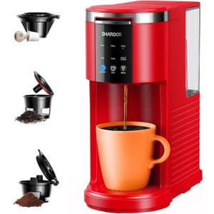 SHARDOR 3 in 1 Coffee Maker, K Cup Coffee Maker Compatible with Ground Coffee & Teas, Single Serve Coffee Machine, 614oz Brew Sizes, 40oz Detachable Water Reservoir, Descale Settings, Red