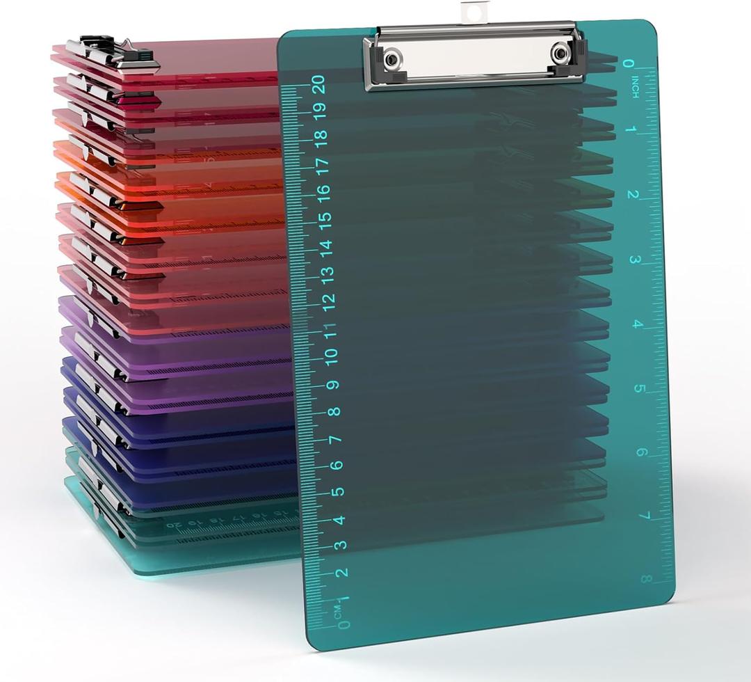 Bulk A5 Clipboards Set of 30, Colored Clear Clip Board with Ruler, Suitable for Classroom, Students, Kid, Size 6" x 9" with Low Profile Clip, Office & School Supply