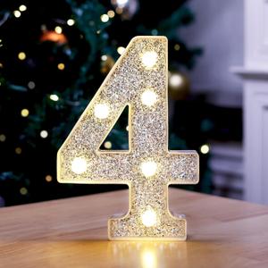2 x Marquee Light Up Letters, Glitter Silver LED Letter Lights Battery Powered Alphabet Letter Sign for Night Light Wedding Birthday Party Cafe Bar Decoration Girls Room Decor - Number 4