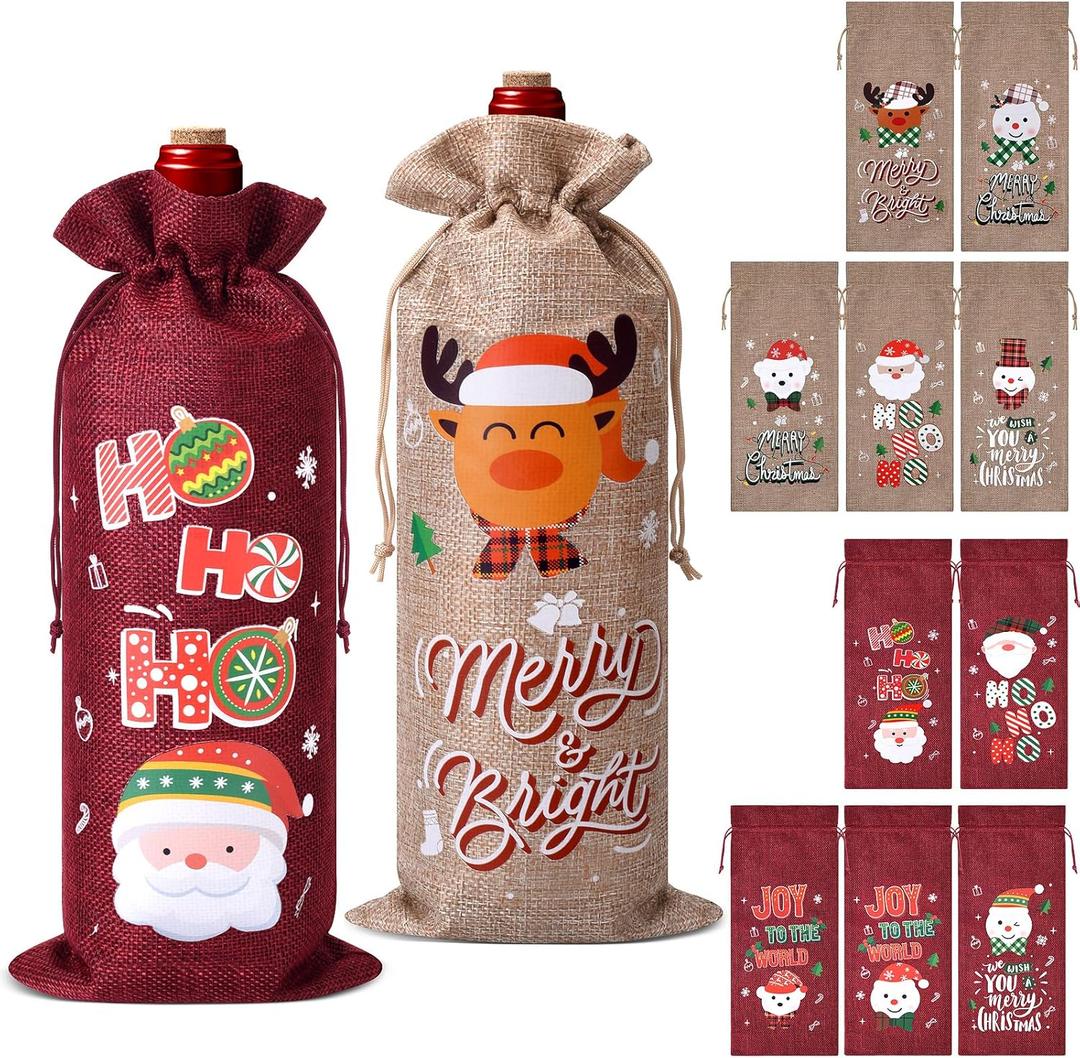 12 Pcs Christmas Bottle Gift Bags with Drawstring, Burlap Gift Bags with 12 Assorted Holiday Designs for Xmas Party Decorations