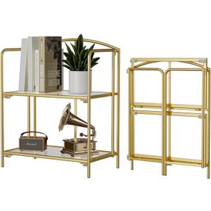 Crofy No Assembly Folding Bookshelf for Living Room, 2 Tier Gold Collapsible Book Shelf for Home Office, Portable Bookcase Storage Organizer