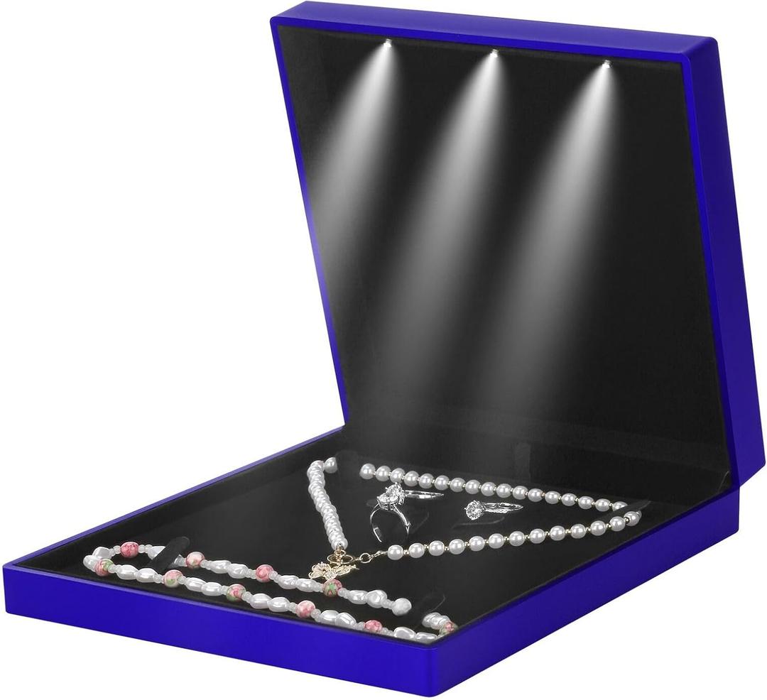 Large Velvet Jewelry Set Gift Box, Necklace Box With LED Light, Elegant Velvet Gift Box For Bracelet Necklace Earring Ring (Blue)