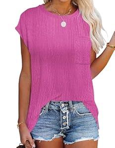 HOTOUCH Cap Sleeve Tops for Women Textured T Shirts Dressy Casual Tank Top Plus Size Summer Tops Rose Red M