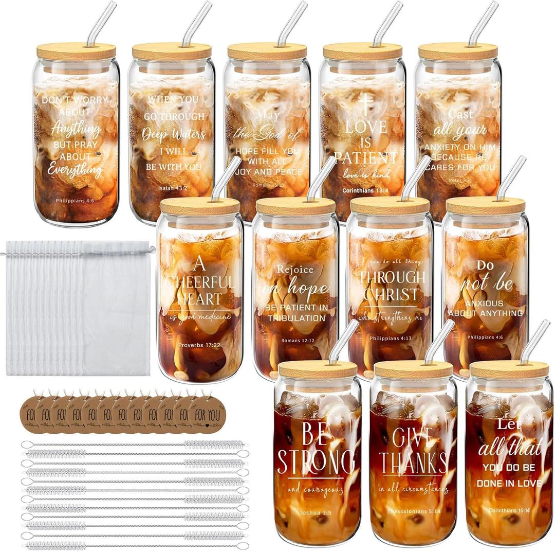 12 Pcs Christian Gift Bulk Glass Cups with Bamboo Lids and Straws 16 oz Coffee Cup Christian Gifts