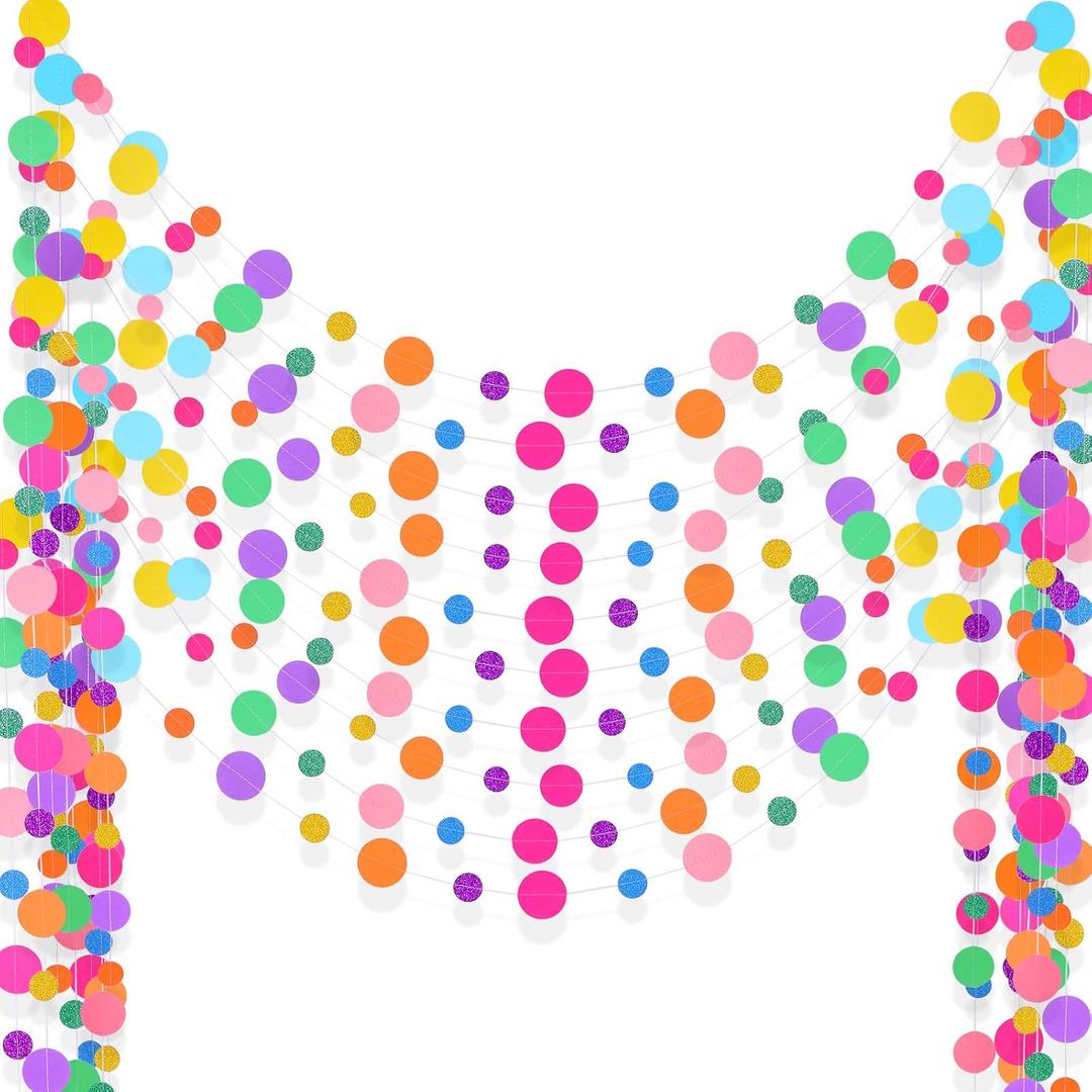 Outus 10 Pieces Colorful Dots Paper Garland Christmas Decor Round Glitter Hanging Confetti Streamers Backdrop for Birthday Classroom Halloween Trunk or Treat Car Decoration (Rainbow)