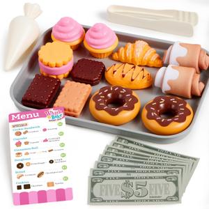 lalalark Cookie Play Food Set, Toddler Pretend Toys, 17 PCS Kitchen Toy Food Sets with Plastic Cookies, Baking Menu, Bakery Tray, and Play Money for Boys and Girls, Birthday Gift for Kids