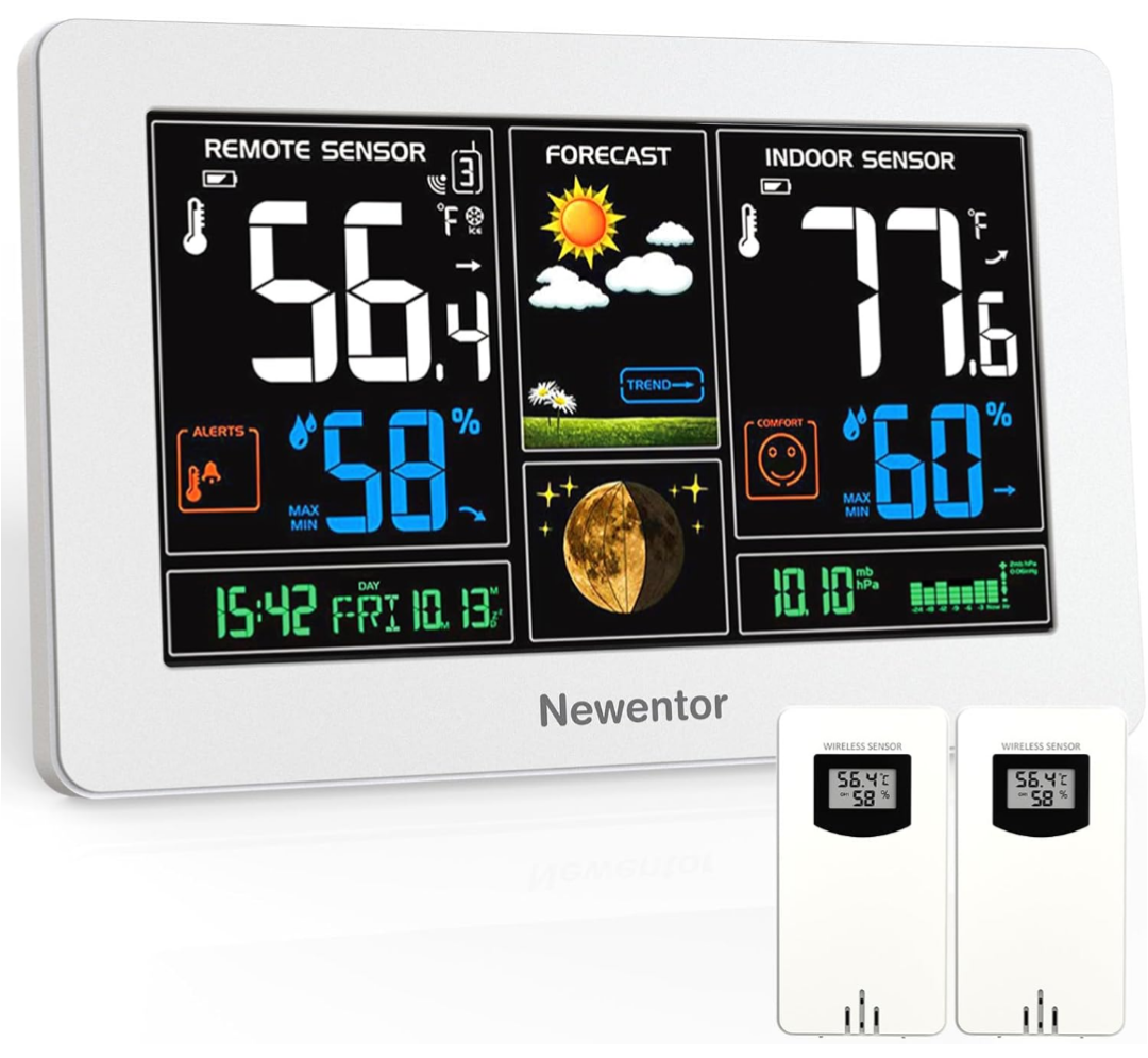 Newentor Weather Station Wireless Indoor Outdoor Thermometer, Color Display Digital Weather Thermometer with Atomic Clock, Barometric Pressure, Forecast Station with Adjustable Backlight, White, 2 Sensor