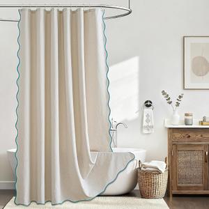 Beige Scalloped Shower Curtain Linen Textured with 12 Metal Hooks Cute Heavy Duty Washable Waterproof Neutral Thick Cloth Shower Curtains with Blue Border for Bathroom Hotel Bathtub, W72xL72