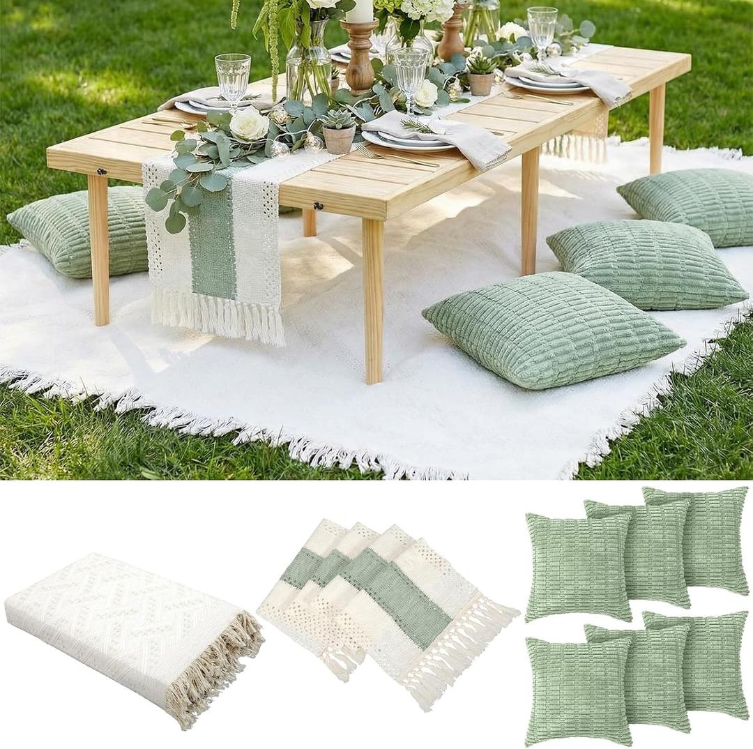 Extra Large Outdoor Boho Picnic Blanket 91'' x 71'' Green Table Runner 6 Throw Pillow Cover Woven Cotton Yarn Oversize Beach Blanket Washable for Picnic Camp Wedding