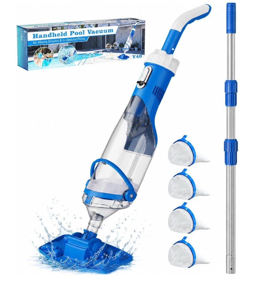 Cordless Pool Vacuum with Telescopic Pole, 18.5 GPM Powerful Suction, 1.5H Supercharge Technology, Handheld Pool Vacuum Cleaner for Above Ground/Inground Pools, Hot Tubs,Deep Blue