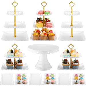 Willinglong 12 Pcs Dessert Table Display Stand Set Include 5 Cupcake Holder/ Cup Cake Tier Tower 1 Round Lace Cake Stand and 6 Serving Tray Combo for Party Birthday Baby Shower Wedding Square(White)