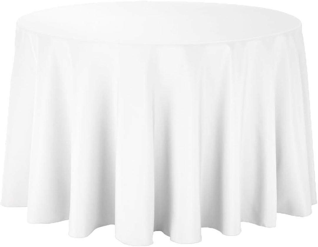 12 Pack 108 Inch Round White Polyester Tablecloth, Table Cover, Stain and Wrinkle Resistant, Washable for Dining Table, Wedding Reception, Banquet, Party