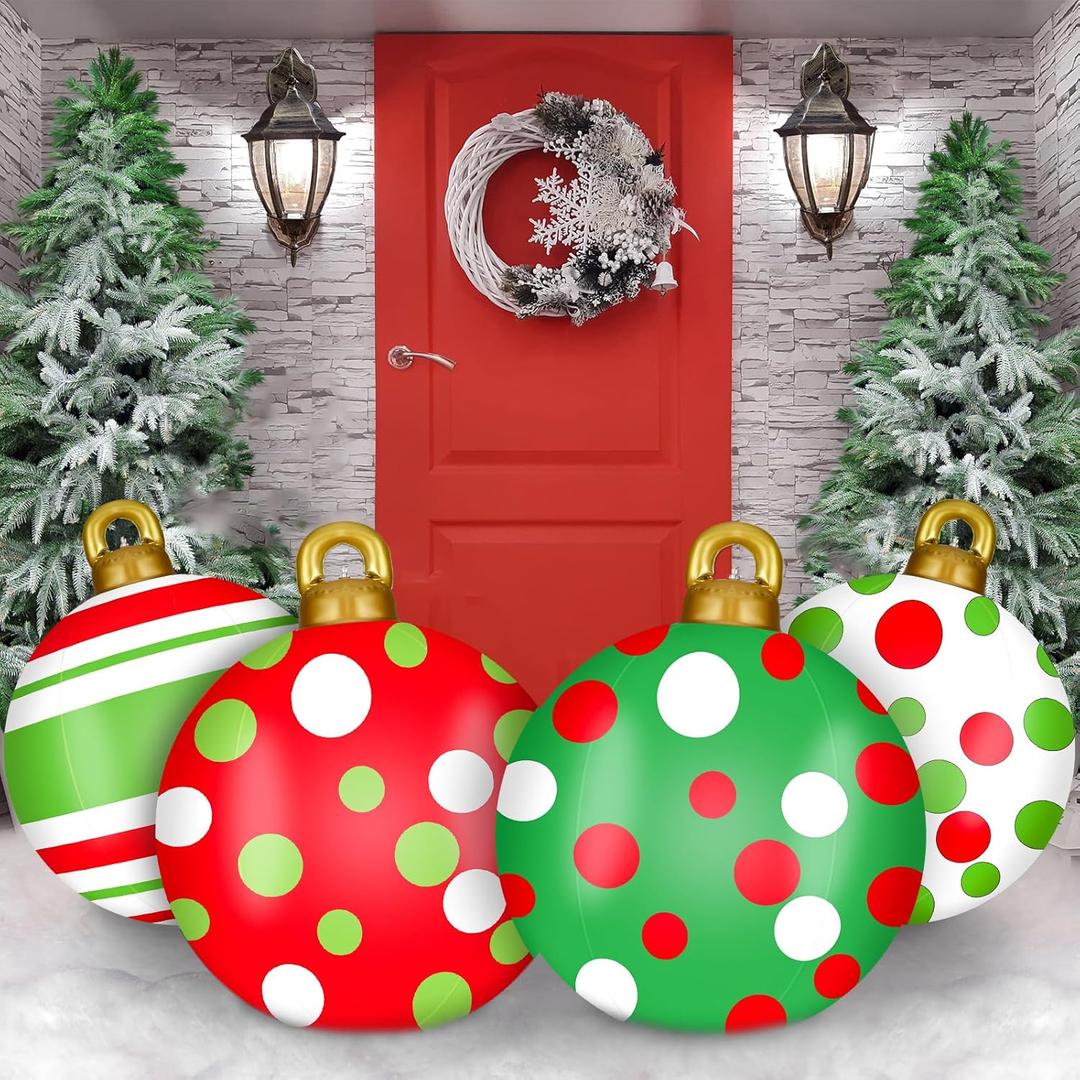 Jetec 4 Pcs Giant Inflatable Christmas Ball Large Xmas Inflatable Ornaments PVC Outdoor Holiday Blow Ball Outside Yard Lawn Porch Decorations (Polka Stripe,Red Green White)