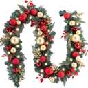 WANNA-CUL Pre-lit 9Feet /108 Inch Christmas Garland with Lights for Front Door, Red Gold Ligthed Christmas Mantel Garland Decoration with Ball Ornaments, Battery Operated 50 LED