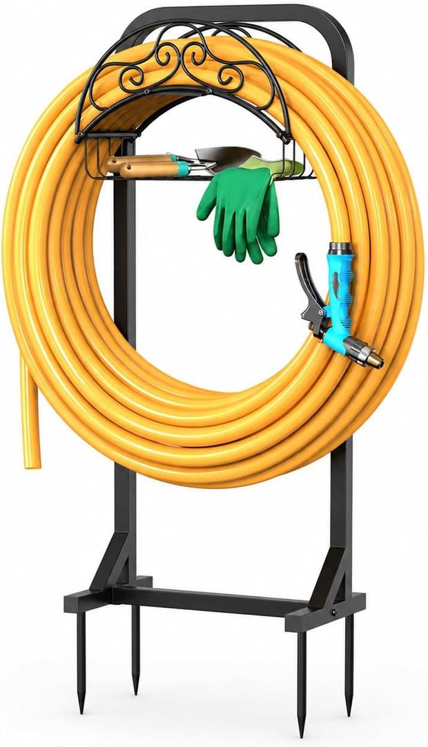 Garden Hose Holder Water Hose Reel Stand with Storage Basket Holds 160ft, Heavy Duty Freestanding Hose Stand with Triangular Base, Metal Hanger for Outside Yard Lawn, Black