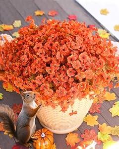 Artificial Fake Mums Flowers for Fall Outdoors Decor, 16 Bundles of Lifelike UV Resistant Orange Silk Daisies – Ideal for Porch, Garden, Yard, Planter, Halloween & Thanksgiving Autumn Decoration