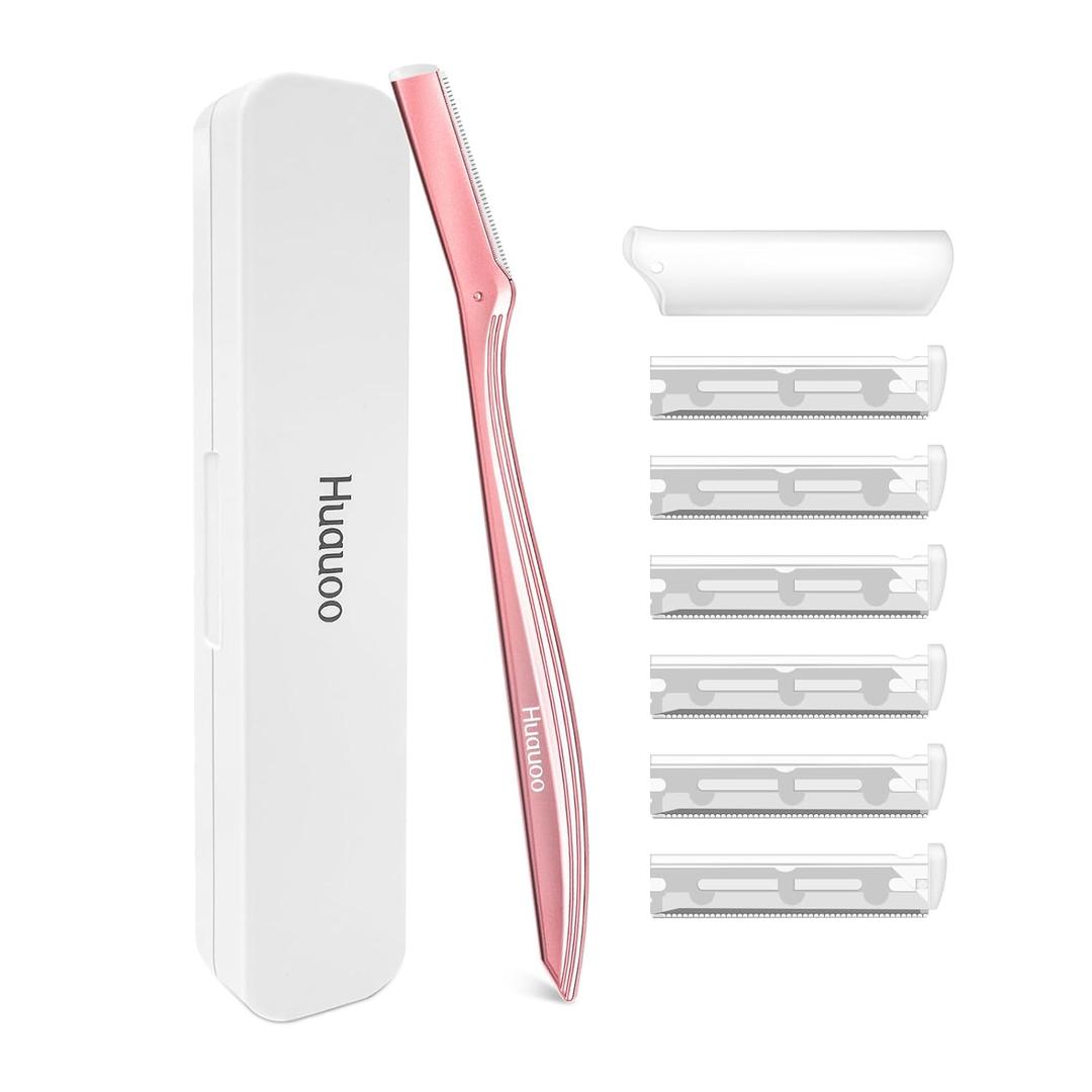 5 x Dermaplane Razor for Women Face, Stainless Steel Handle with 6 Replaceable Blades, Huauoo Face Razors for Women, Peach Fuzz Remover, Eyebrow Trimmer, Dermaplaning Tool for Face Exfoliation (Pink)