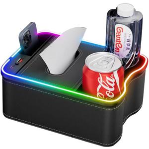 Car Armrest Storage Box With 2 Drink Cup Holders, 7 Colour LED Lights Car Console Organiser With USB + Type-C Charging Port, Universal Small Car Storage Organizer Front Seat