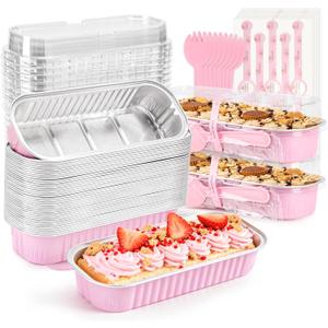 50 Pack Mini Loaf Pans with Lids Rectangle Individual Cake Pans Aluminum Foil Pans for Large Gatherings Picnics Vacations Parties Mothers Day Party Favors(Pink, 6.8 OZ)