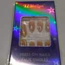 Medium Almond Press on Nails - Pink Glossy Fake Nails with 3D Gold Line Design, Acrylic Nails with Stiletto Design, Reusable Full Cover Glue-On for Women, French Manicure False Nails - Gift (24 Pcs (Pack of 1))