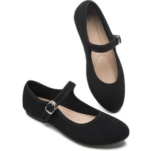 BABUDOG Womens Mary Jane Flats with Strap,Faux Suede Black Flats Shoes,Flats Shoes Women Dressy Comfortable(Black 08)