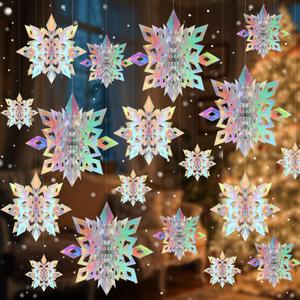 Christmas Snowflake Hanging Decorations, 12 Pcs 3D Silver Paper Snowflakes, Snow Flakes Garland Ornament for Ceiling Xmas Frozen Winter New Year Holiday Birthday Home Office Classroom Party Decor