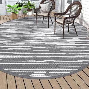 HEBE Round Outdoor Rug 8' Waterproof for Patios Clearance, Reversible Plastic Straw Rug Camping Carpet, Indoor Outdoor Area Rugs Patio Mats for RV,Picnic,Backyard,Deck,Balcony,Porch (Stripe/Grey)