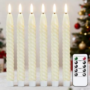 Flameless Taper Candles Flickering with Remote Timer, LED Taper Candles Battery Operated Warm 3D Wick Spiral 6 Pack Real Wax Home Birthday Decor 9.8" Ivory