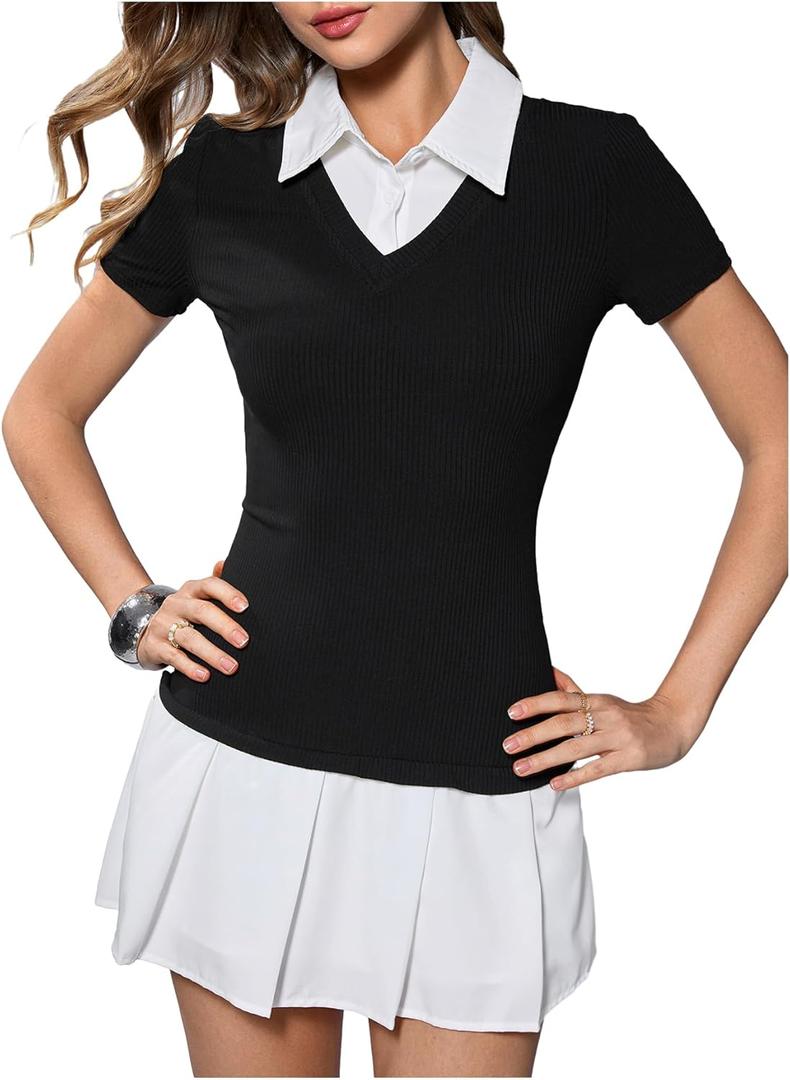 SweatyRocks Women's 2 In 1 Shirt Dresses Short Sleeve Color Block A Line Pleated Collar Mini Dress Black and White Large